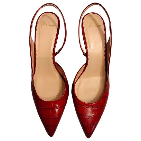 J. Crew Colette D'Orsay Slingback Pumps, Croc Embossed Leather, Deep Red, 9.5 M