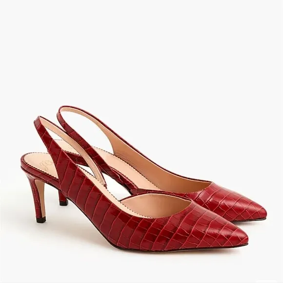 J. Crew Colette D'Orsay Slingback Pumps, Croc Embossed Leather, Deep Red, 9.5 M