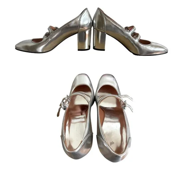 J. CREW MAISIE MARY JANE HEELS SILVER METALLIC SIZE 8 1/2 LIKE NEW