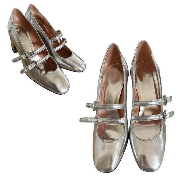 J. CREW MAISIE MARY JANE HEELS SILVER METALLIC SIZE 8 1/2 LIKE NEW