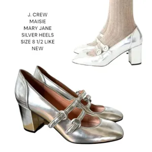 J. CREW MAISIE MARY JANE HEELS SILVER METALLIC SIZE 8 1/2 LIKE NEW