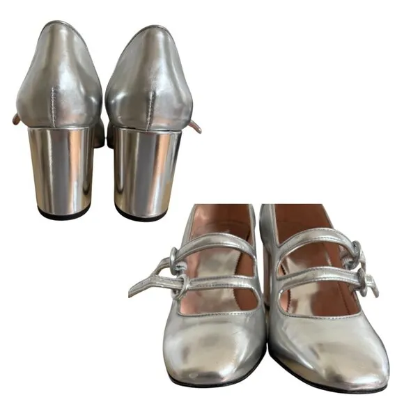 J. CREW MAISIE MARY JANE HEELS SILVER METALLIC SIZE 8 1/2 LIKE NEW