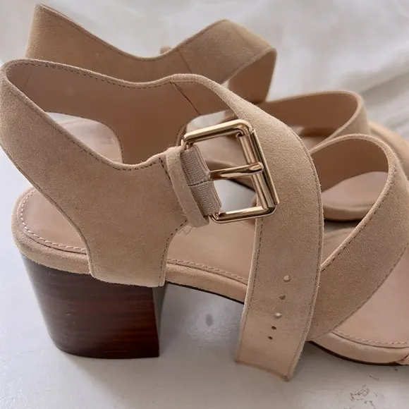 J. Crew Three Strap Neutral Suede Heeled Sandals Sz 7