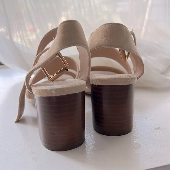J. Crew Three Strap Neutral Suede Heeled Sandals Sz 7