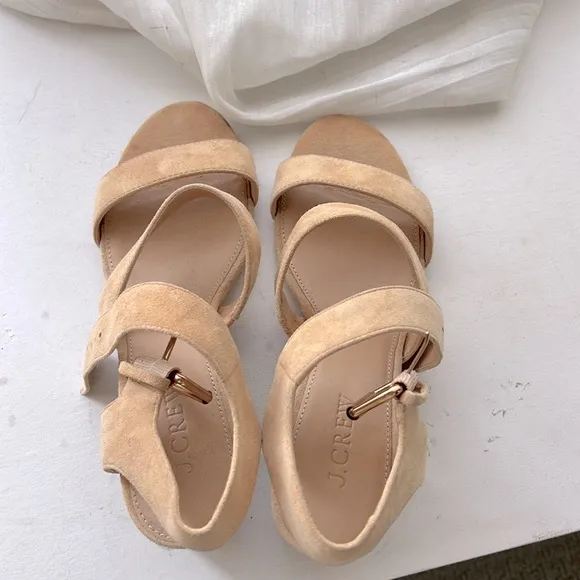 J. Crew Three Strap Neutral Suede Heeled Sandals Sz 7