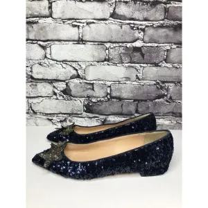 J. Crew Navy Blue Sequin Sequin Stars Pointed Flats Shoes Women Sz 8.5M US/39EU