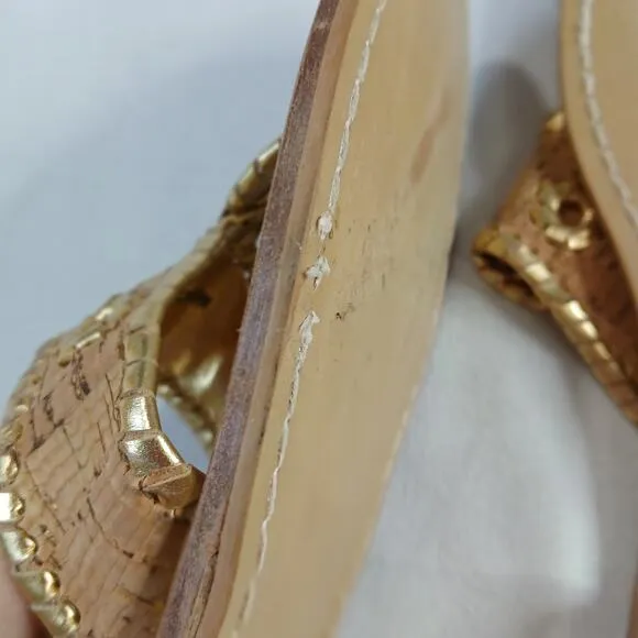 Jack Rogers Jacks Flat Sandals Size 10.5 Cork Gold Leather Thong Shoes Metallic