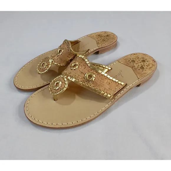 Jack Rogers Jacks Flat Sandals Size 10.5 Cork Gold Leather Thong Shoes Metallic