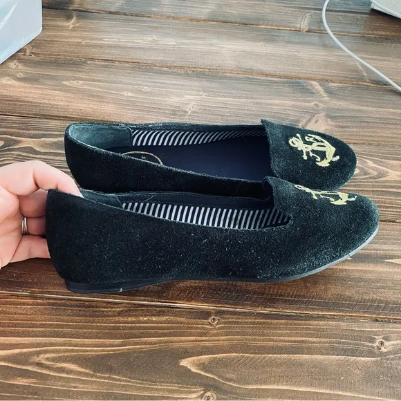Jack Rogers Reese Suede Anchored Nautical Embroidered Ballet Flats Black Size 6
