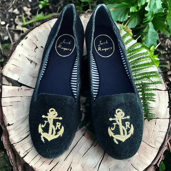 Jack Rogers Reese Suede Anchored Nautical Embroidered Ballet Flats Black Size 6