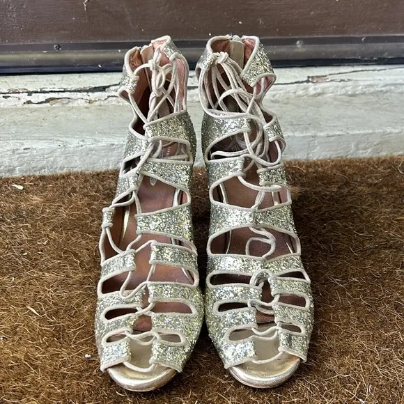 Jeffery Campbell for Free People Gold Sequin Lace Up Heels Gold Glitter Sz 9.5
