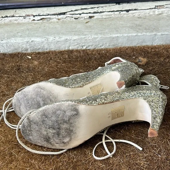 Jeffery Campbell for Free People Gold Sequin Lace Up Heels Gold Glitter Sz 9.5