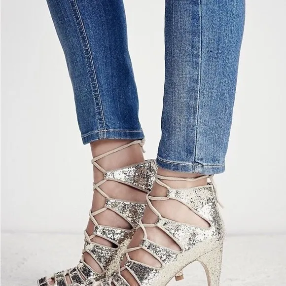 Jeffery Campbell for Free People Gold Sequin Lace Up Heels Gold Glitter Sz 9.5