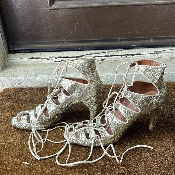 Jeffery Campbell for Free People Gold Sequin Lace Up Heels Gold Glitter Sz 9.5