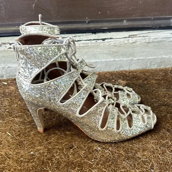 Jeffery Campbell for Free People Gold Sequin Lace Up Heels Gold Glitter Sz 9.5