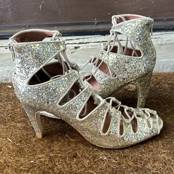 Jeffery Campbell for Free People Gold Sequin Lace Up Heels Gold Glitter Sz 9.5