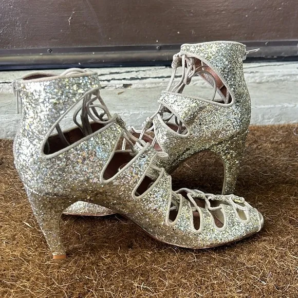 Jeffery Campbell for Free People Gold Sequin Lace Up Heels Gold Glitter Sz 9.5