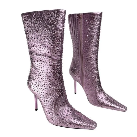 Jeffrey Campbell Iconic Heeled Boots Studded Calf Metallic Lavender Size 7 New