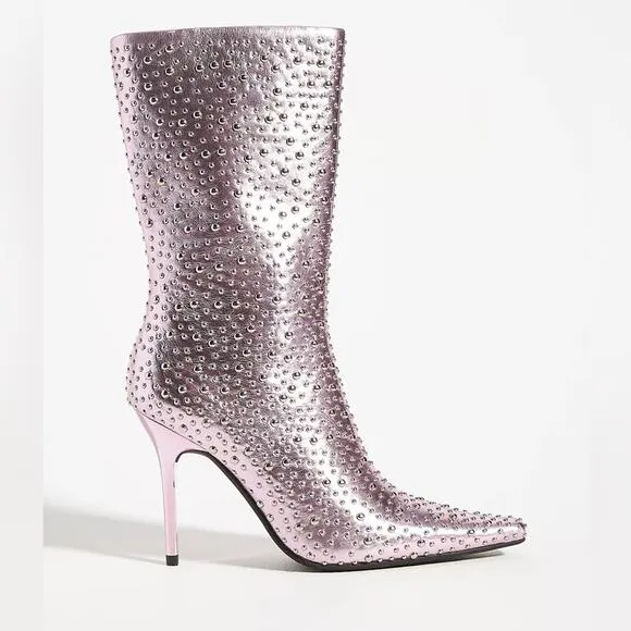 Jeffrey Campbell Iconic Heeled Boots Studded Calf Metallic Lavender Size 7 New