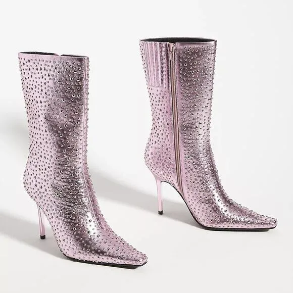 Jeffrey Campbell Iconic Heeled Boots Studded Calf Metallic Lavender Size 7 New