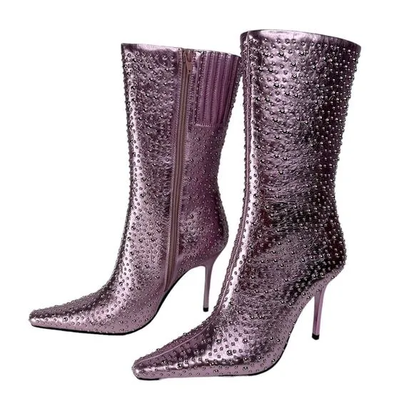 Jeffrey Campbell Iconic Heeled Boots Studded Calf Metallic Lavender Size 7 New