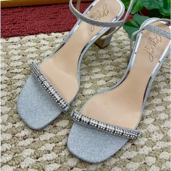 JEWEL BADGLEY MISCHKA Charlee Embellished Evening Sandals in Silver Size 6