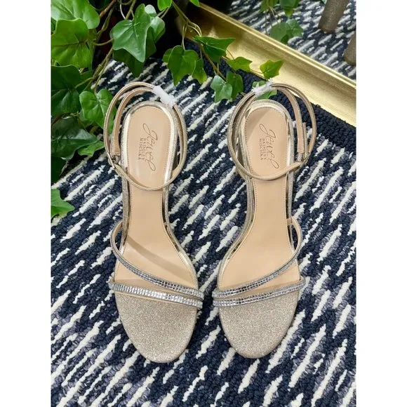 Jewel Badgley Mischka Embellished Block Heel Strappy Sandals in Gold, 11