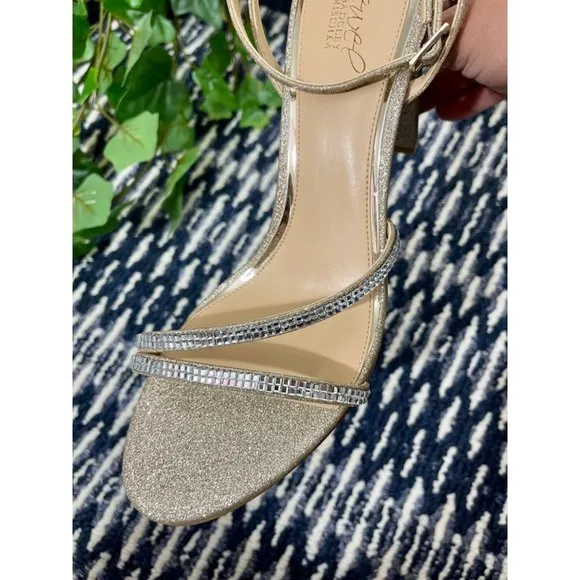 Jewel Badgley Mischka Embellished Block Heel Strappy Sandals in Gold, 11