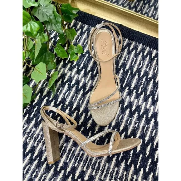 Jewel Badgley Mischka Embellished Block Heel Strappy Sandals in Gold, 11
