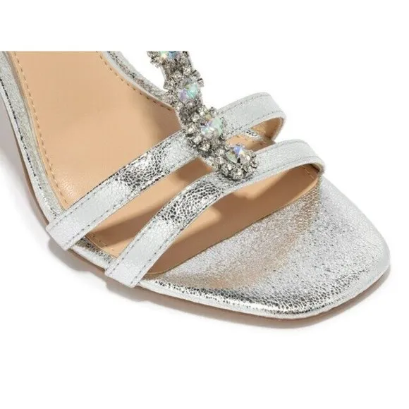 Jewel Badgley Mischka Farida Evening Women's 9.5 M T-strap Sandals Silver Heels