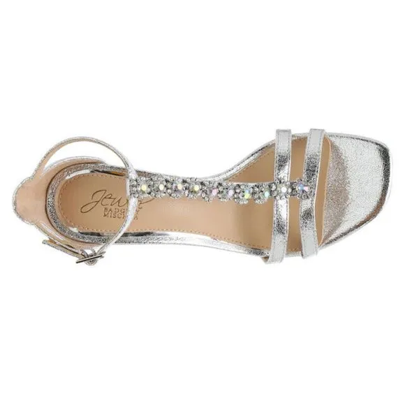 Jewel Badgley Mischka Farida Evening Women's 9.5 M T-strap Sandals Silver Heels