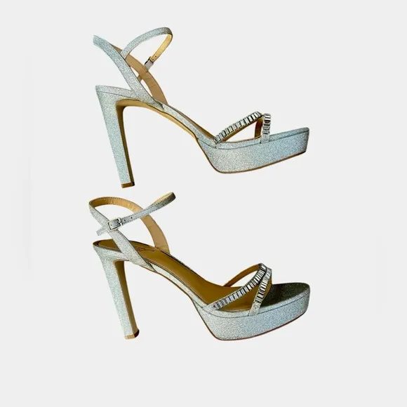Jewel Badgley Mischka Galllant Platform Evening Silver Glitter Sandals – Sz 11