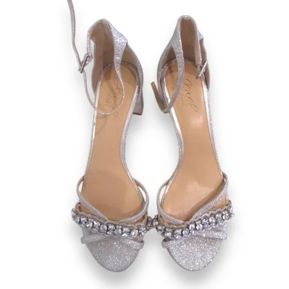 Jewel Badgley Mischka Giona II Evening Sandals silver glitter heels d’Orsay 8.5