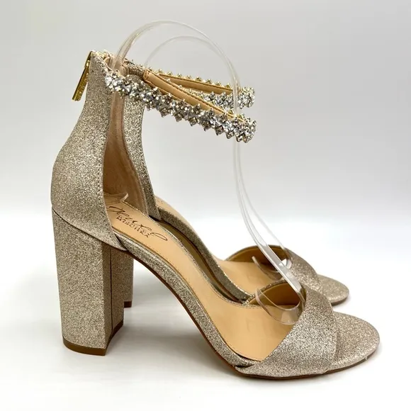 Jewel Badgley Mischka Louise Gold Glitter Block Heels Dress Sandals Shoes 7 NEW