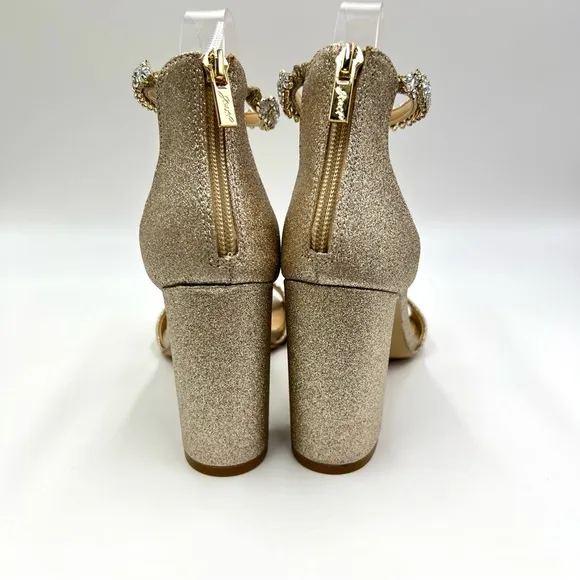 Jewel Badgley Mischka Louise Gold Glitter Block Heels Dress Sandals Shoes 7 NEW