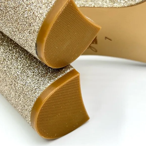 Jewel Badgley Mischka Louise Gold Glitter Block Heels Dress Sandals Shoes 7 NEW