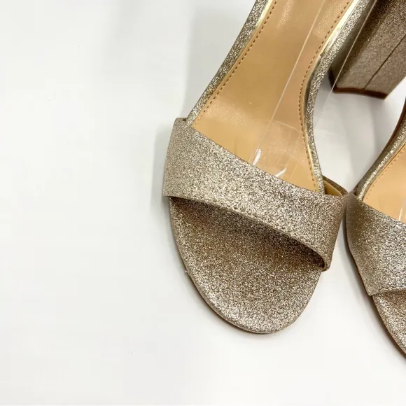 Jewel Badgley Mischka Louise Gold Glitter Block Heels Dress Sandals Shoes 7 NEW