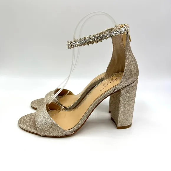 Jewel Badgley Mischka Louise Gold Glitter Block Heels Dress Sandals Shoes 7 NEW