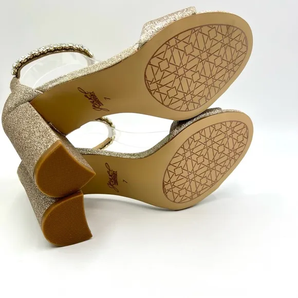 Jewel Badgley Mischka Louise Gold Glitter Block Heels Dress Sandals Shoes 7 NEW
