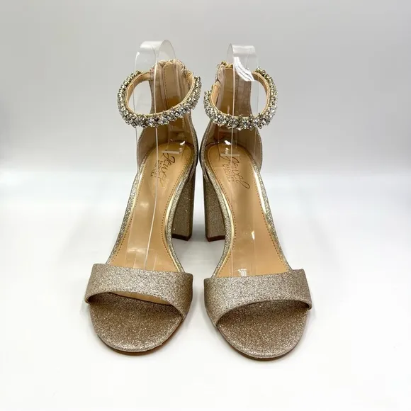 Jewel Badgley Mischka Louise Gold Glitter Block Heels Dress Sandals Shoes 7 NEW