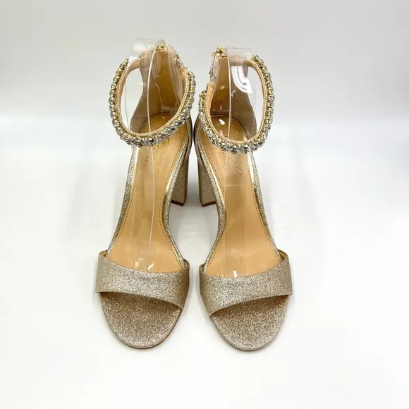 Jewel Badgley Mischka Louise Gold Glitter Block Heels Dress Sandals Shoes 7 NEW