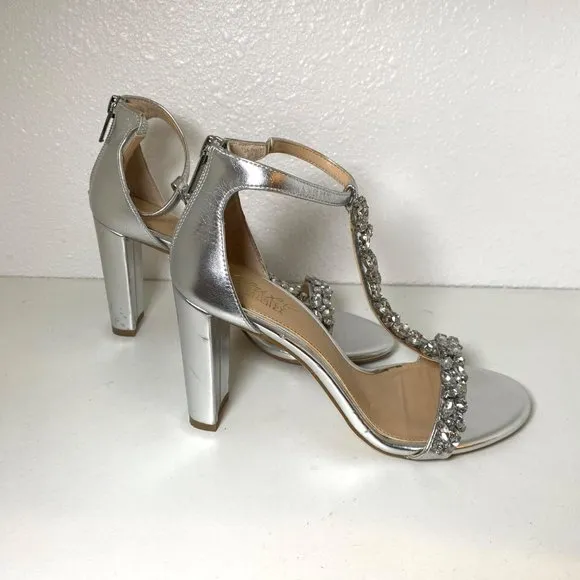 Jewel Badgley Mischka Rhinestone T-Strap Leather Block Heel Sandals Silver 6