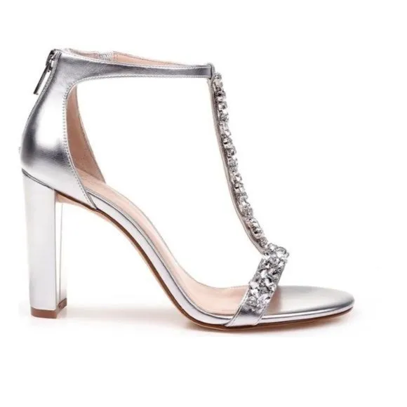Jewel Badgley Mischka Rhinestone T-Strap Leather Block Heel Sandals Silver 6