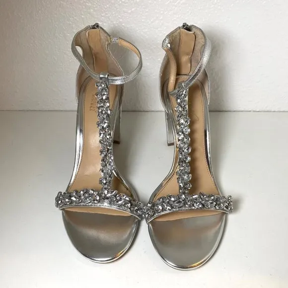 Jewel Badgley Mischka Rhinestone T-Strap Leather Block Heel Sandals Silver 6