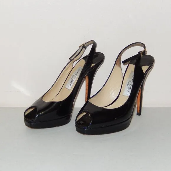 Jimmy Choo 36 6 Black Patent Peeptoe Slingback Heels Shoes Pumps Authentic
