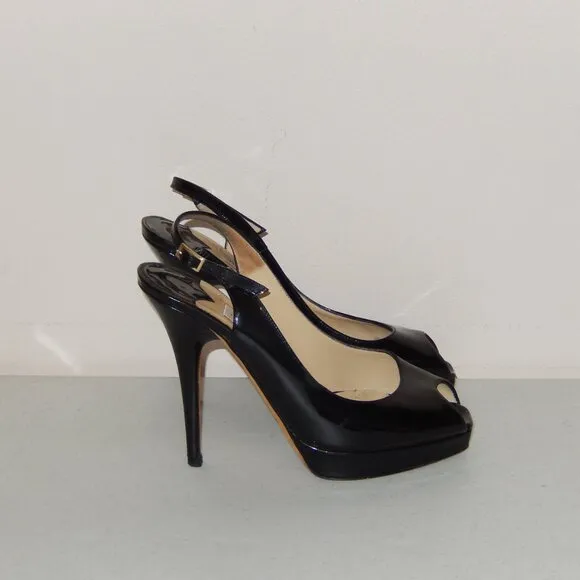 Jimmy Choo 36 6 Black Patent Peeptoe Slingback Heels Shoes Pumps Authentic