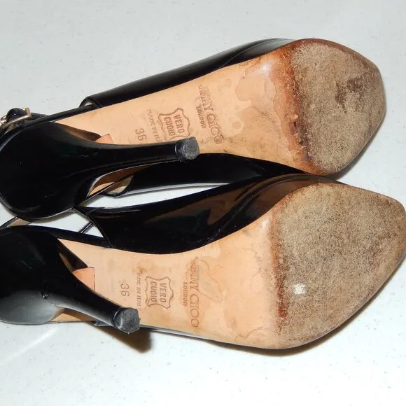 Jimmy Choo 36 6 Black Patent Peeptoe Slingback Heels Shoes Pumps Authentic