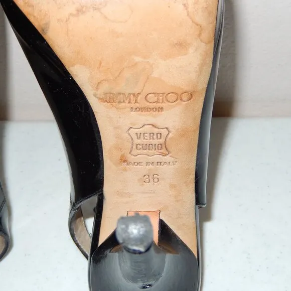 Jimmy Choo 36 6 Black Patent Peeptoe Slingback Heels Shoes Pumps Authentic