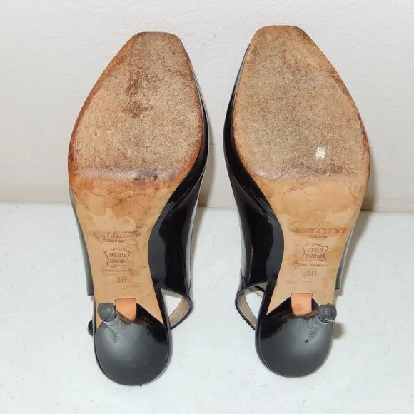 Jimmy Choo 36 6 Black Patent Peeptoe Slingback Heels Shoes Pumps Authentic