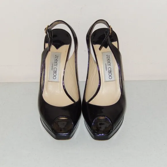 Jimmy Choo 36 6 Black Patent Peeptoe Slingback Heels Shoes Pumps Authentic